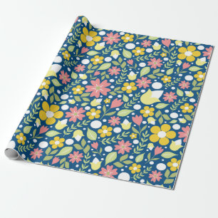 Blue Blommigt Folk Art Mönster Presentpapper