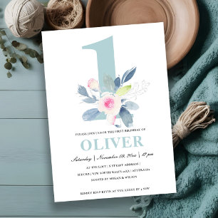  BLUE-BLOMMIGT FÖR MJÖLK ROSA 1 ÅR BIRTHDAY INBJUDNINGAR