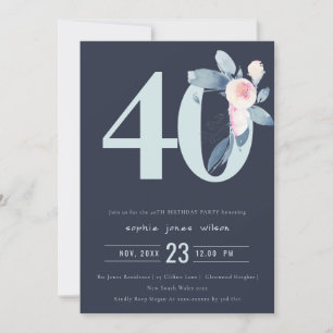  BLUE-BLOMMIGT FÖR SOFT NAVY 40 ÅR BIRTHDAY INBJUDNINGAR