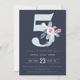 BLUE-BLOMMIGT FÖR SOFT NAVY 5 VARJE ÅLDER BIRTHDA INBJUDNINGAR