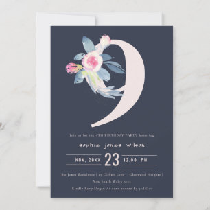 BLUE-BLOMMIGT FÖR SOFT NAVY 9 VARJE ÅLDER BIRTHDA INBJUDNINGAR