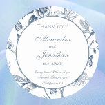Blue Blommigt Fransk Christian Bröllop Tack Runt Klistermärke<br><div class="desc">Lägg till en aning tidlös charm till firande med den här personlig Fransk Tack Sticker, designad för att perfekt komplettera ett Vintage Blommigt Bröllop tema. Den här eleganten har dammig blåa blommor, delikat löv och snygga fjärilar som ställs in mot en skarp vit bakgrund och skapar en förfinad och romantisk...</div>