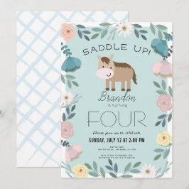 Blue Blommigt Garden Horse Boy Birthday Inbjudningar