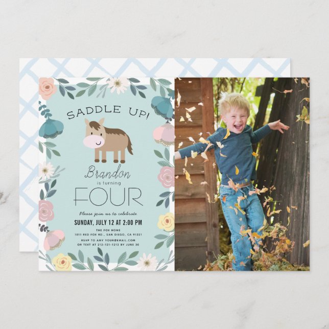 Blue Blommigt Garden Horse Boy Photo Birthday Inbjudningar (Fram/baksida)