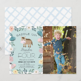 Blue Blommigt Garden Horse Boy Photo Birthday Inbjudningar