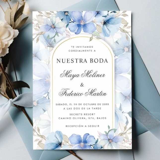 Blue Blommigt Garden Nuestra Boda (Spanien) Bröllo Inbjudningar (Skapare uppladdad)