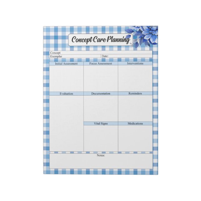 Blue Blommigt Gingham_ Concept Care Planning Anteckningsblock (Roterad)