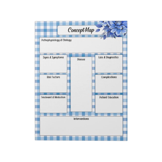 Blue Blommigt Gingham _ Concept Karta Anteckningsblock (Roterad)