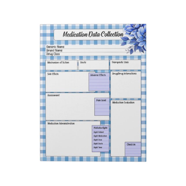 Blue Blommigt Gingham _ Medicinal Data Collection Anteckningsblock (Roterad)