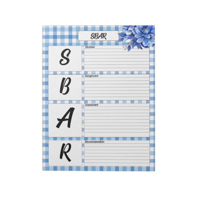 Blue Blommigt Gingham _ SBAR Temp Anteckningsblock (Roterad)