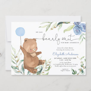 Blue Blommigt Greenery Bear Balloon Boy Shower Inbjudningar