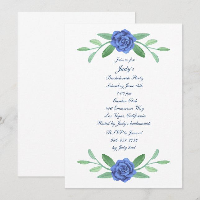 Blue Blommigt Greenery Foliage Bachelorette Party Inbjudningar (Fram/baksida)
