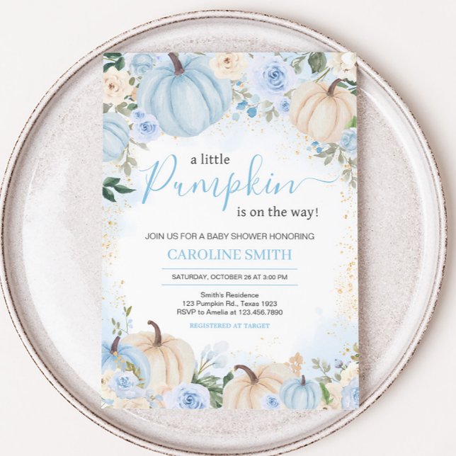 Blue Blommigt Greenery Little Pumpkin Baby Shower Inbjudningar (Greenery Floral Pumpkin Invitation)