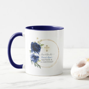 Blue Blommigt Guld Boy 1st Birthday Baptism Mugg