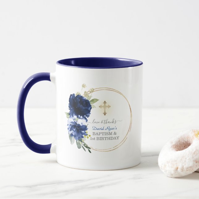 Blue Blommigt Guld Boy 1st Birthday Baptism Mugg (Med munk)