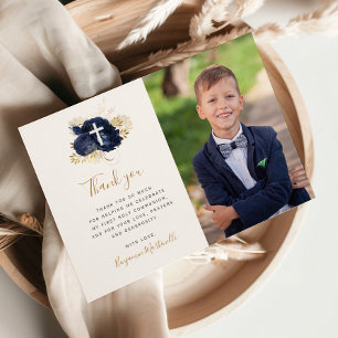 Blue Blommigt Guld First Communion Tack Kort