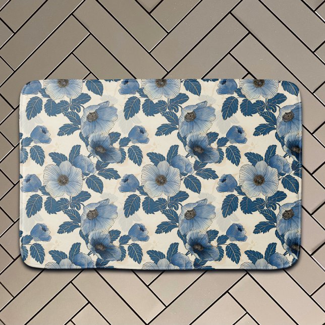 Blue Blommigt Guld Glitter japansk Ukiyo-e Badrumsmatta (Skapare uppladdad)
