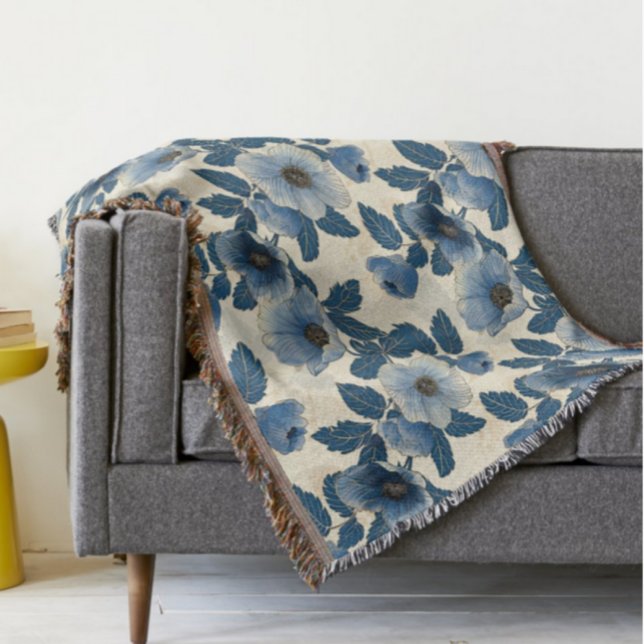 Blue Blommigt Guld Glitter japansk Ukiyo-e Filt (Skapare uppladdad)