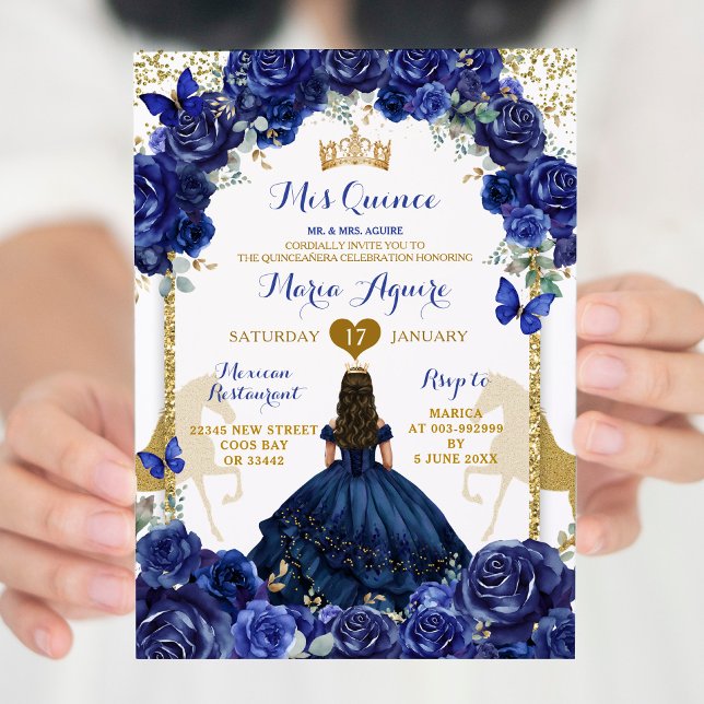 Blue Blommigt Guld Horse Princess Quinceañera Inbjudningar (Skapare uppladdad)