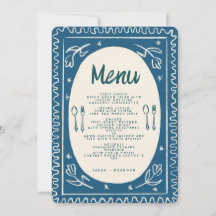 Blue Blommigt Handwriter Modern Bröllop Menu Invi