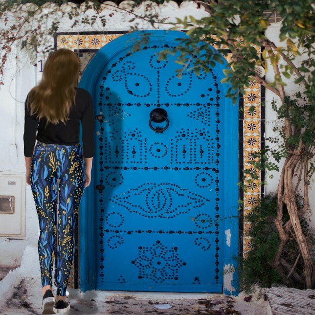 Blue Blommigt Hanukkah Mönster Leggings (Blue Floral Hanukkah Pattern Leggings)