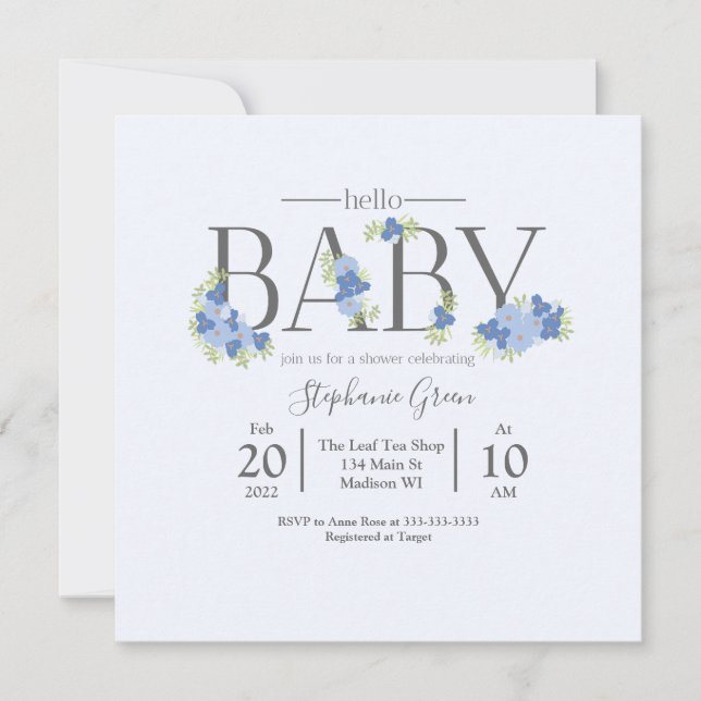 Blue Blommigt Hej Baby - Shower-inbjudan (Framsida)