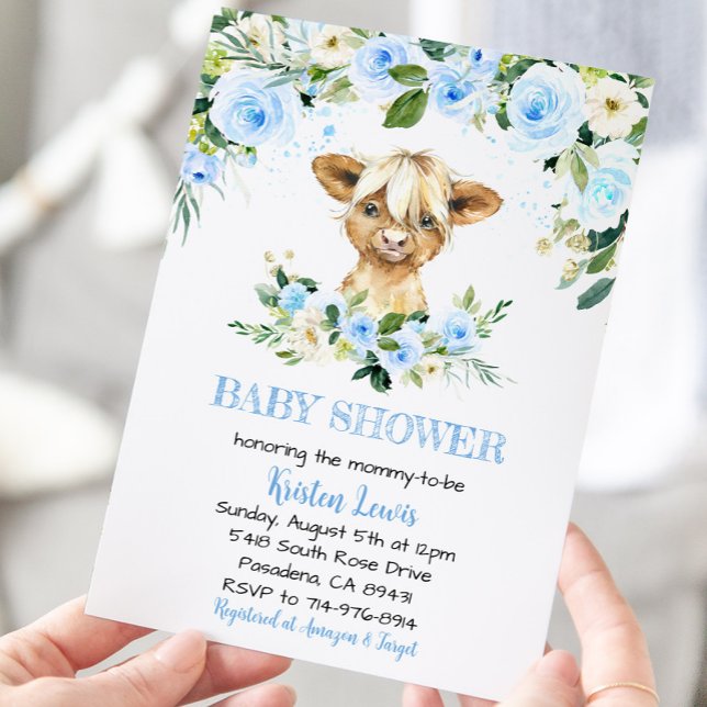 Blue Blommigt Highland Cow Baby Shower Inbjudan (Skapare uppladdad)