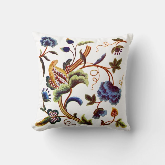 Blue Blommigt Jacobean Faux Embroidery Pillow Kudde (Framsida)