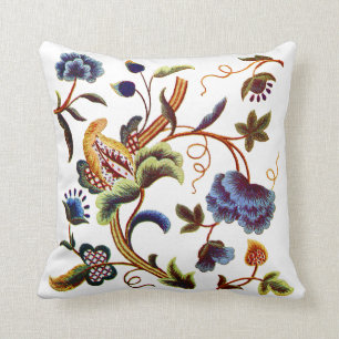 Blue Blommigt Jacobean Faux Embroidery Pillow Kudde