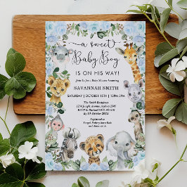 Blue Blommigt Jungle Safari Animals Boy Baby Showe Inbjudningar