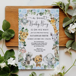 Blue Blommigt Jungle Safari Animals Boy Baby Showe Inbjudningar