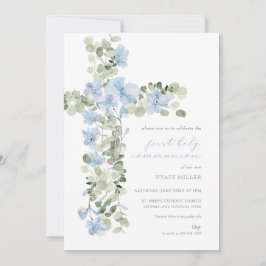 Blue Blommigt Kor Boy First Heliga Communion Inbju Inbjudningar
