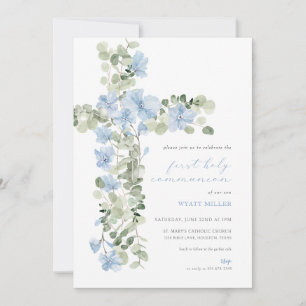 Blue Blommigt Kor Boy First Heliga Communion Inbju Inbjudningar