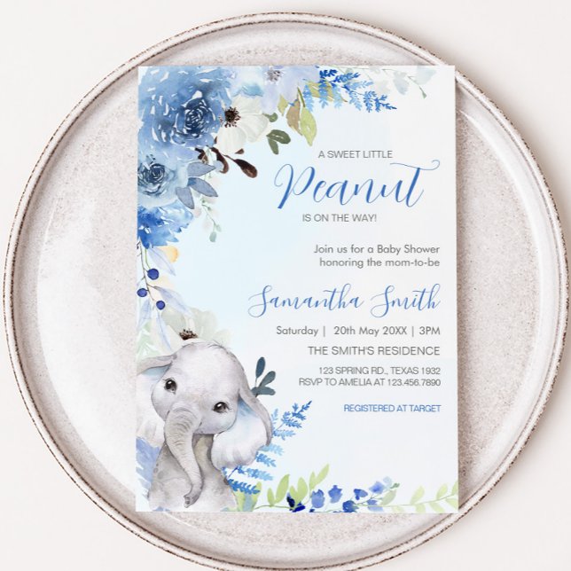 Blue Blommigt Little Peanut Baby Shower Inbjudningar (Blue Floral Elephant Spring Baby Shower Invitation
)