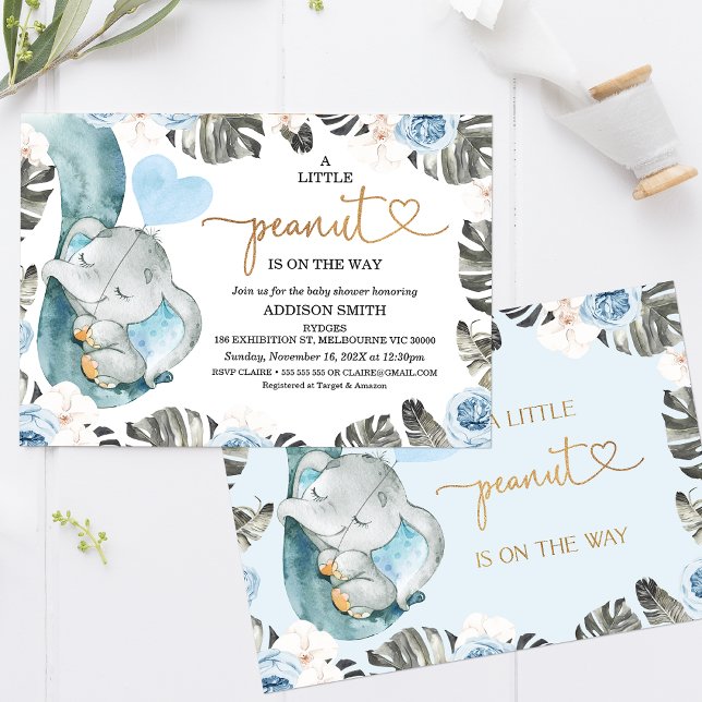Blue Blommigt Little Peanut Elephant Baby Shower Inbjudningar (Sweet little peanut boy's baby shower invitation featuring an elephant trunk and baby elephant.)