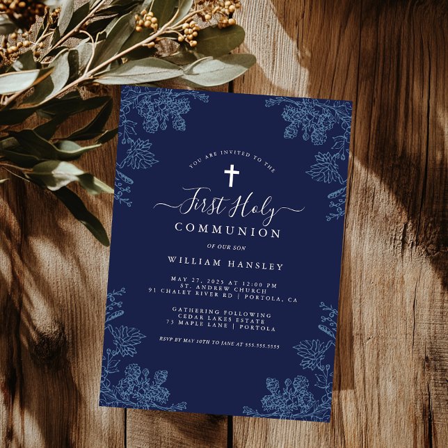 Blue Blommigt Löv Vintage Boys First Communion Inbjudningar (Skapare uppladdad)