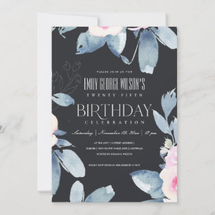 BLUE-BLOMMIGT MED TVÄTT SVART 25 ÅR BIRTHDAY INBJUDNINGAR