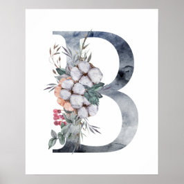 Blue Blommigt Monogram Initial B Poster