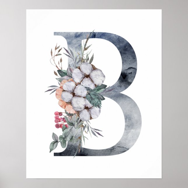 Blue Blommigt Monogram Initial B Poster (Framsidan)