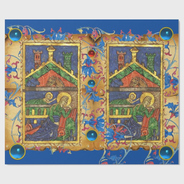 BLUE BLOMMIGT NATIVITY CHRISTMAS PARCHMENT OCH GEM PRESENTPAPPER (Platt)