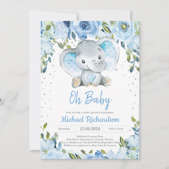 Blue Blommigt och Cute Elephant Boy Shower Boho Inbjudningar (Framsida)