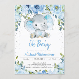 Blue Blommigt och Cute Elephant Boy Shower Boho Inbjudningar