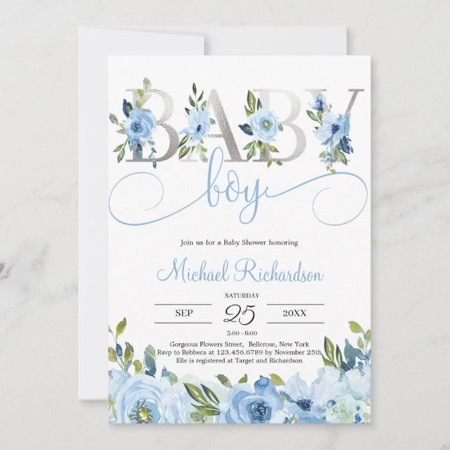 Blue Blommigt och Silver Foil Boho Inbjudningar (Framsida)