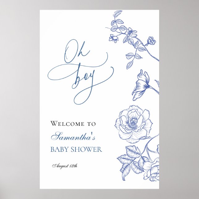 Blue Blommigt Oh Boy Baby Shower Välkommen Poster (Framsidan)