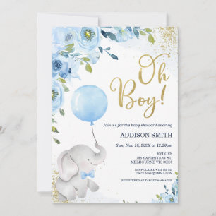 Blue Blommigt Oh Boy Elephant Baby Shower-inbjudan Inbjudningar