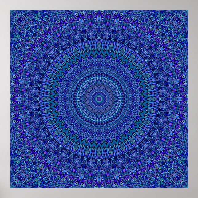 Blue Blommigt Ornate Mandala Poster (Framsidan)