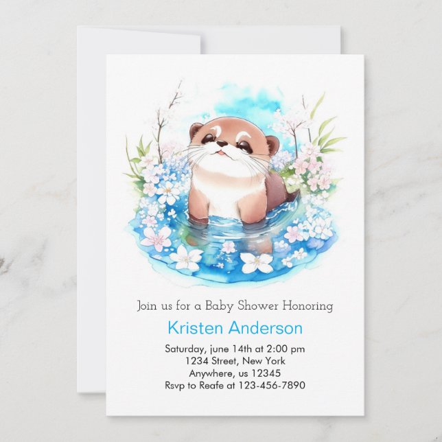 Blue Blommigt Otter Meadow Boy Baby Shower Inbjudningar (Framsida)