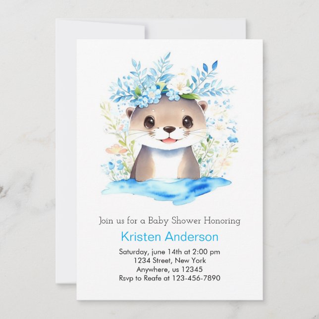 Blue Blommigt Otter Watercolor Boy Shower Inbjudningar (Framsida)