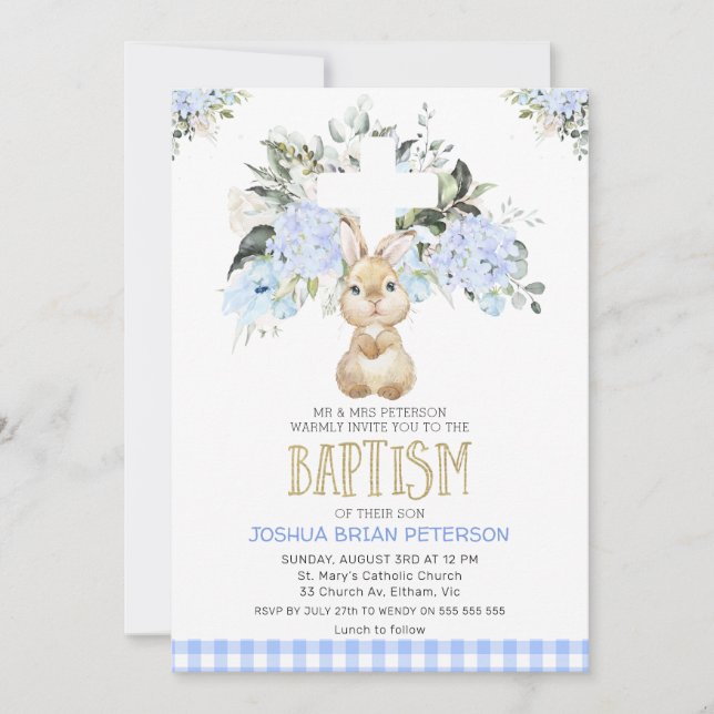 Blue Blommigt Play Bunny Rabbit Baptism-inbjudan Inbjudningar (Framsida)