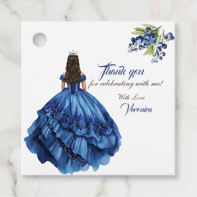 Blue Blommigt Princess Girl Födelsedagsfest Gåvor Etiketter (Framsida)